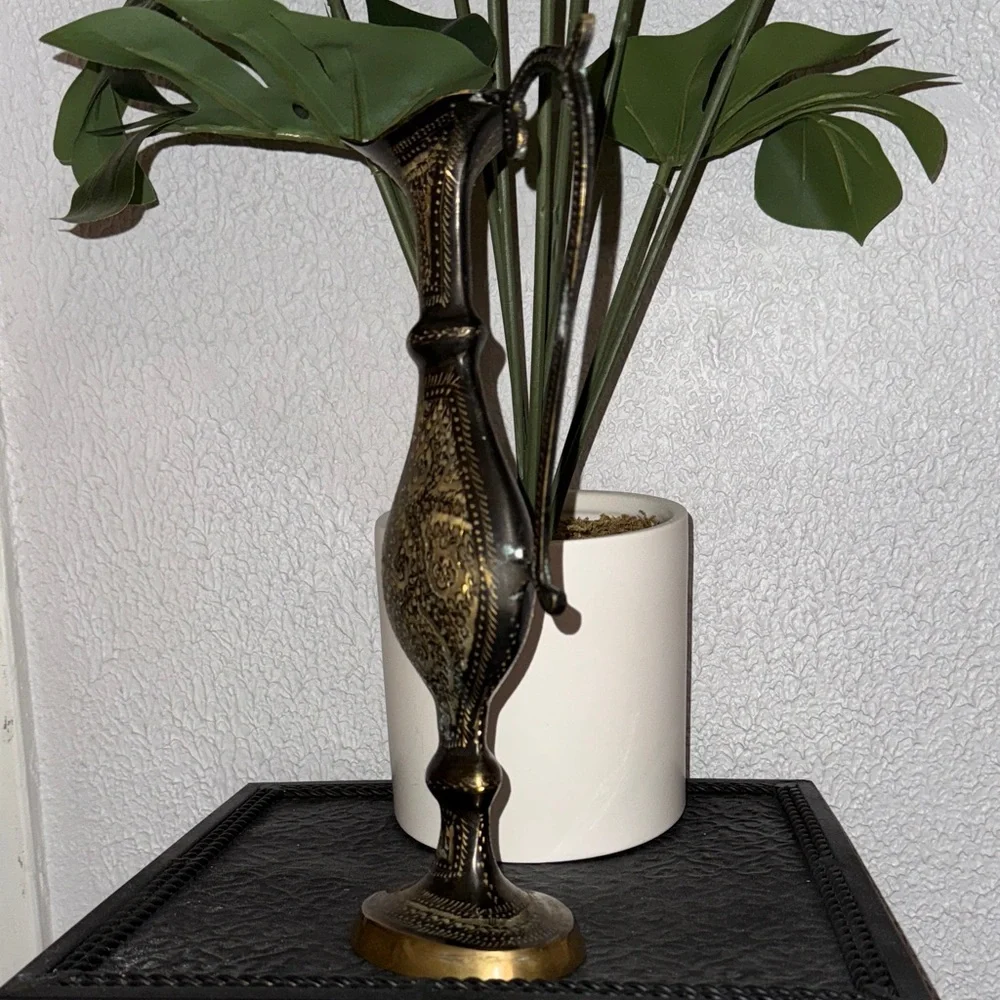This is a‎ vintage decorative etched brass pitcher or ewer.